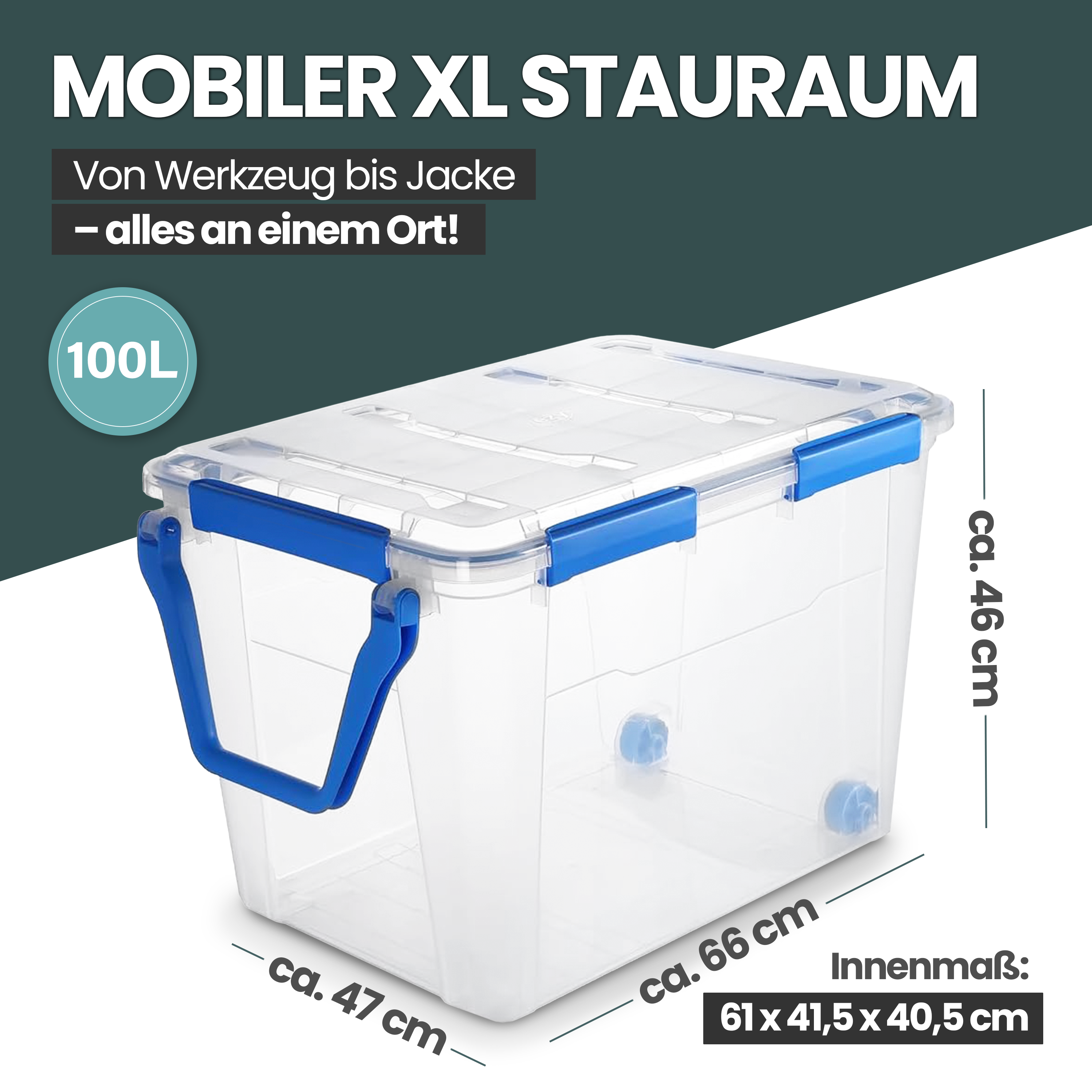 Wasserdichte Box (IP67) mit Deckel und Rollen 100 Liter Volumen (Set w – Kreher Technik