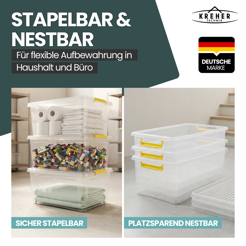 Aufbewahrungsbox 'Simple Store' mit Deckel transparent - stapelbare Kunststoffbox mit Rollen & Clips