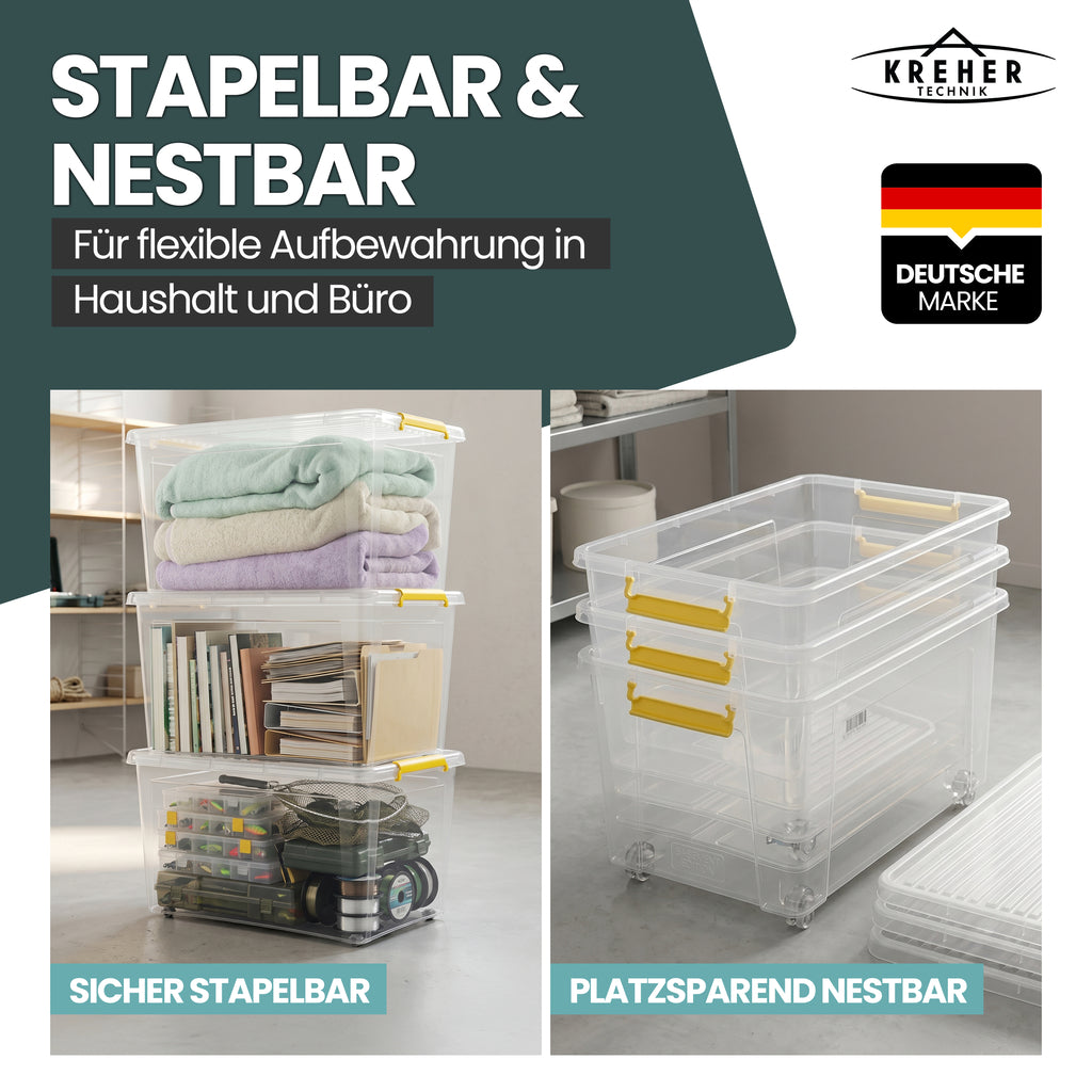 Aufbewahrungsbox 'Simple Store' mit Deckel transparent - stapelbare Kunststoffbox mit Rollen & Clips