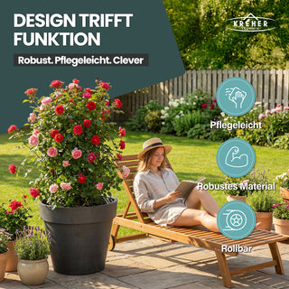 XXL Pflanzkübel / Pflanztopf „LIKE“ Ø 79 x H 69 cm - Anthrazit - Rund, Rollbar - in Natur Stein Optik