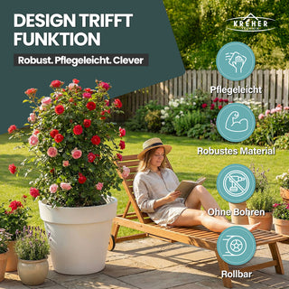 XXL Pflanzkübel / Pflanztopf „LIKE“ Ø 79 x H 69 cm - Weiß - Rund, Rollbar - in Natur Stein Optik