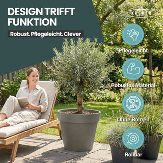 2 x XL Pflanzkübel / Pflanztopf „LIKE“ Ø 58 x H 51 cm - Braun - Rund, Rollbar - in Natur Stein Optik