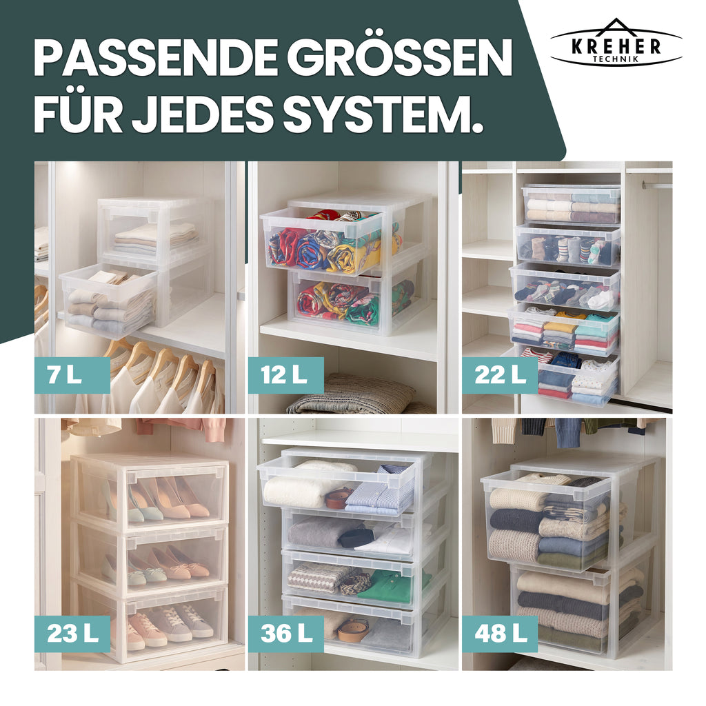 Schubladenbox Größe L, Volumen 23 Liter (weiss, transparent) – Kreher Technik