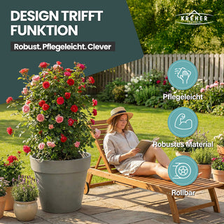 2 x XXL Pflanzkübel / Pflanztopf „LIKE“ Ø 79 x H 69 cm - Braun - Rund, Rollbar - in Natur Stein Optik