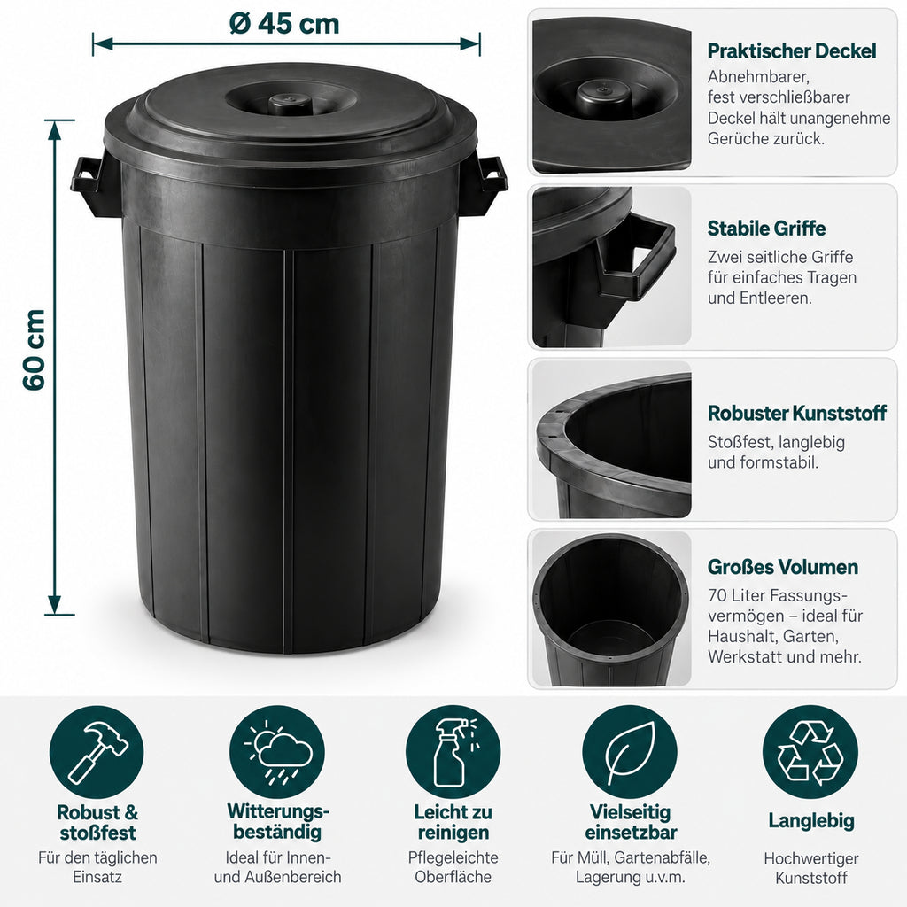 XL Abfalltonne 70 Liter Volumen mit Deckel, Schwarz – Kreher Technik