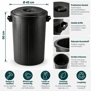 XL Abfalltonne 70 Liter Volumen mit Deckel, Schwarz