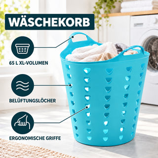 XL Flexibler Wäschekorb 65 Liter Blau - Kunststoffkorb mit Griffen