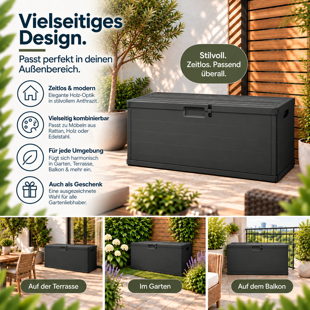 XXL Kissenbox 340 Liter (Holz Optik) in Anthrazit – Kreher Technik