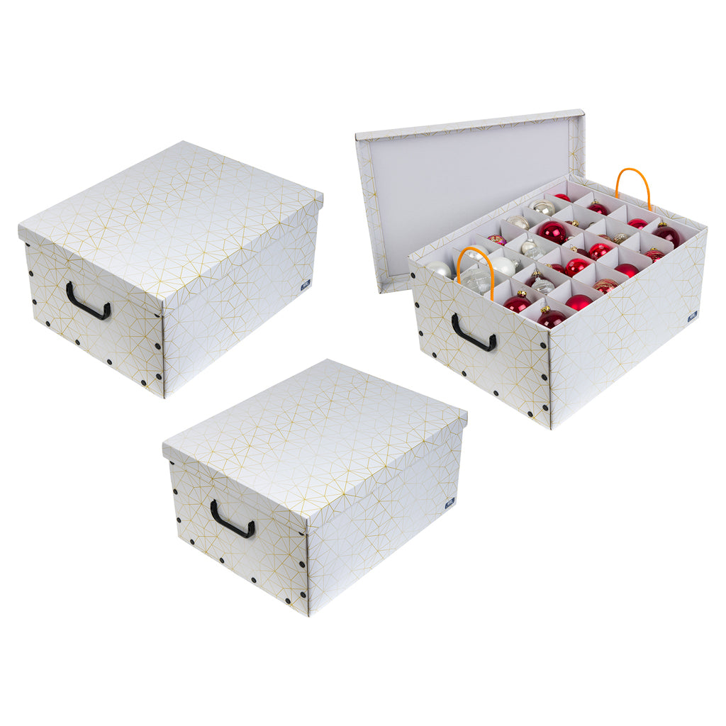 weihnachtskugel aufbewahrung karton Set: 3 x Karton für Christbaumkugeln Dekor: Retro Weiß / Gold – Kreher Technik